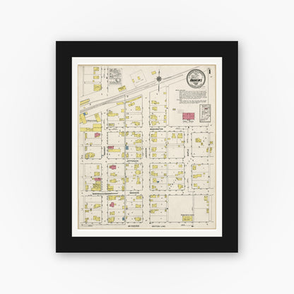 Old map wall art mockup — black gallery frame with white mat — Sanborn Fire Insurance Map from Andrews, Huntington County, Indiana (1919), Sheet #0001