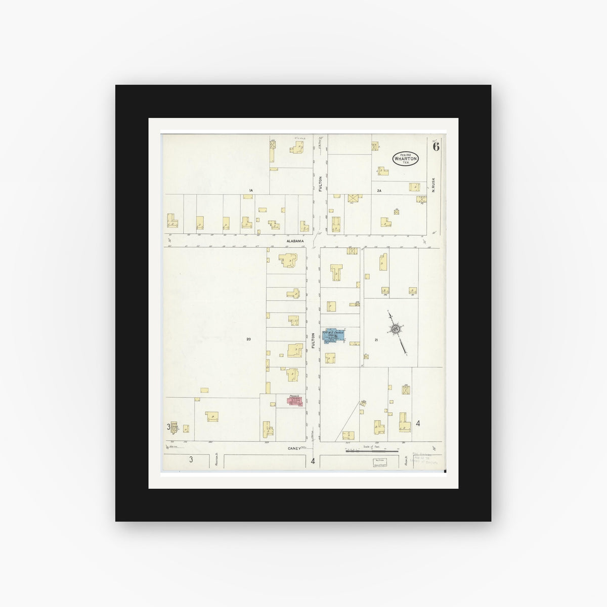 Old map wall art mockup — black gallery frame with white mat — Sanborn Fire Insurance Map from Wharton, Wharton County, Texas (1912), Sheet #0007