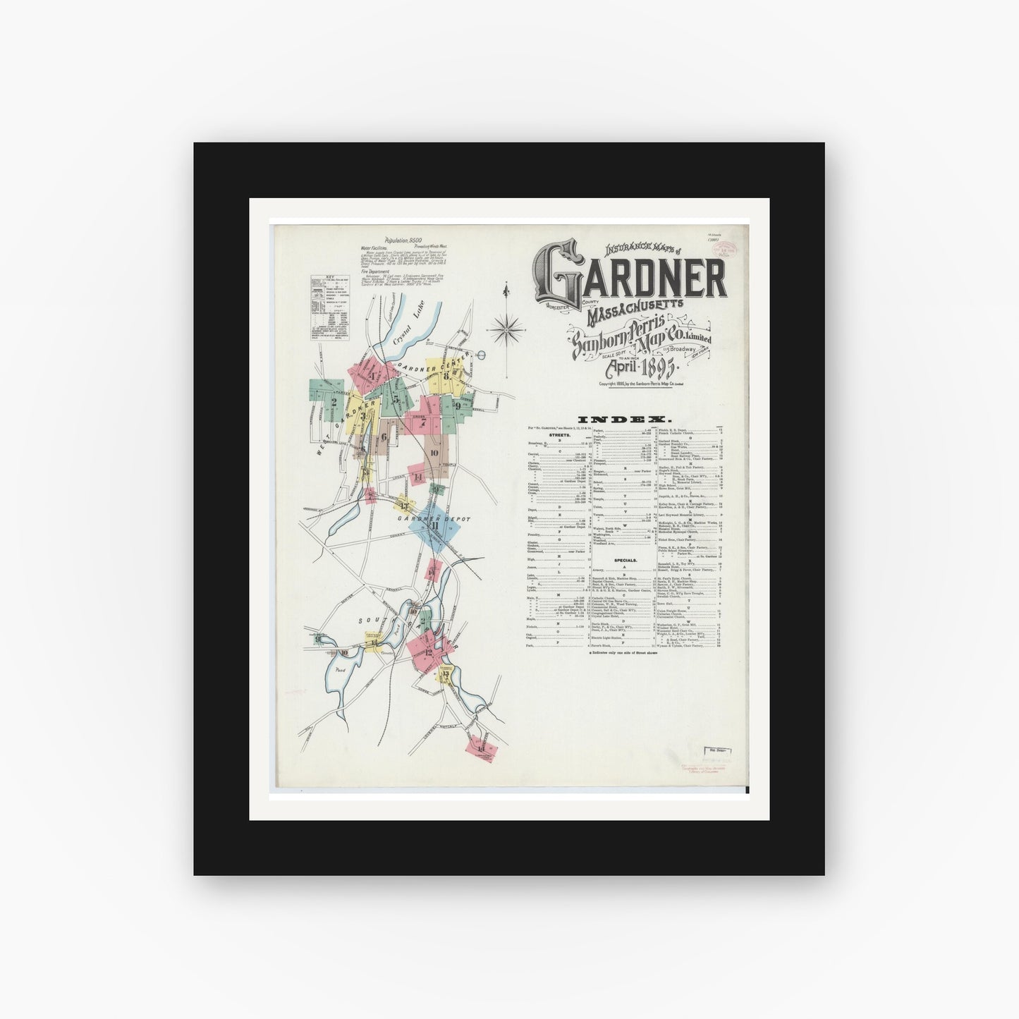 Old map wall art mockup — black gallery frame with white mat — Sanborn Fire Insurance Map from Gardner, Worcester County, Massachusetts (1895) - Complete Map Set