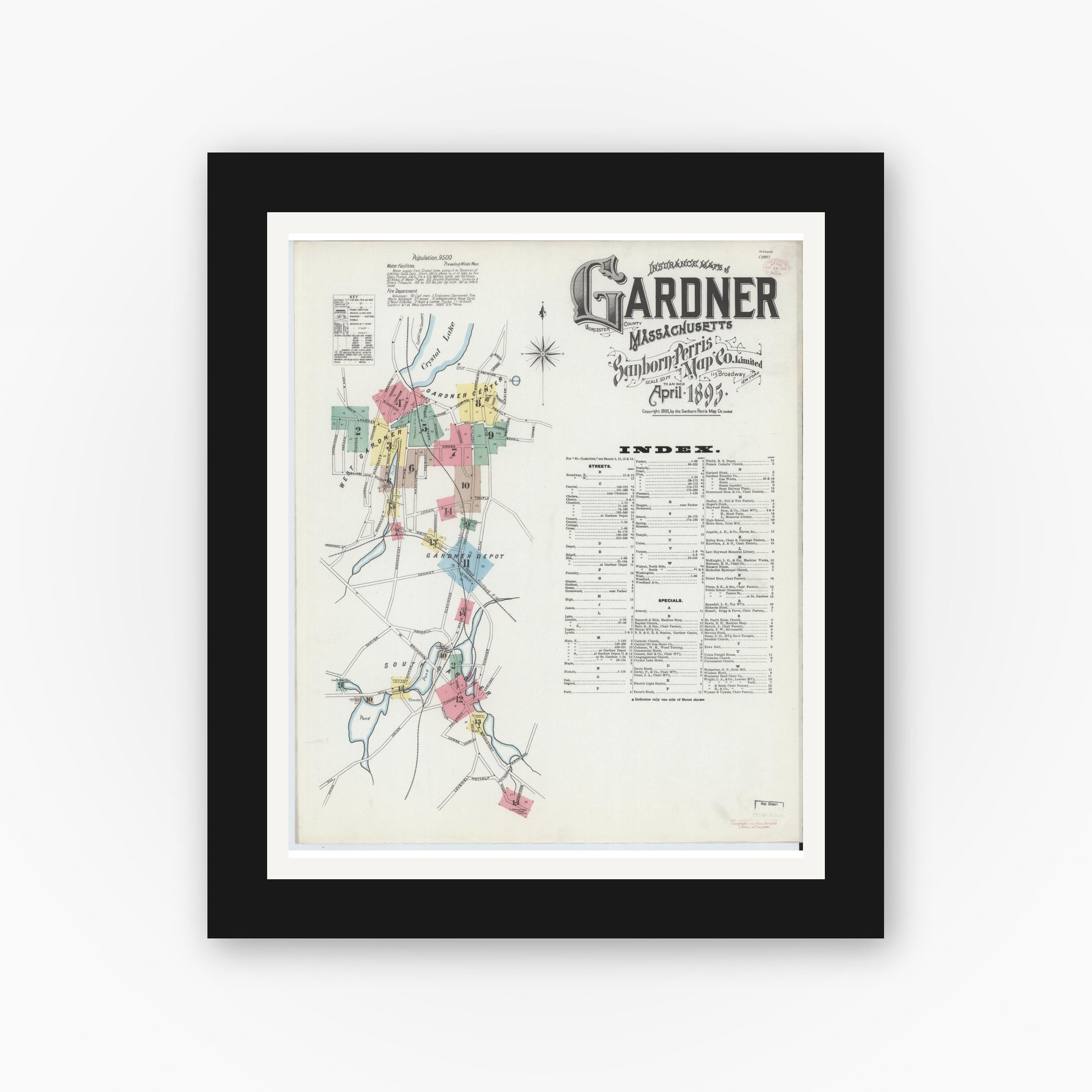 Old map wall art mockup — black gallery frame with white mat — Sanborn Fire Insurance Map from Gardner, Worcester County, Massachusetts (1895) - Complete Map Set