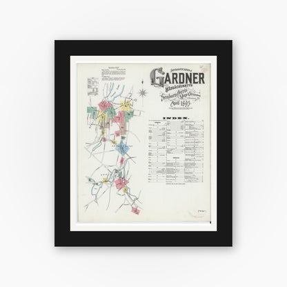 Old map wall art mockup — black gallery frame with white mat — Sanborn Fire Insurance Map from Gardner, Worcester County, Massachusetts (1895) - Complete Map Set