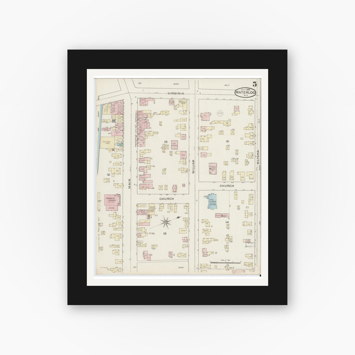 Old map wall art mockup — black gallery frame with white mat — Sanborn Fire Insurance Map from Waterloo, Seneca County, New York (1886), Sheet #0005