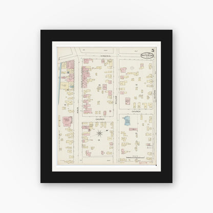 Old map wall art mockup — black gallery frame with white mat — Sanborn Fire Insurance Map from Waterloo, Seneca County, New York (1886), Sheet #0005