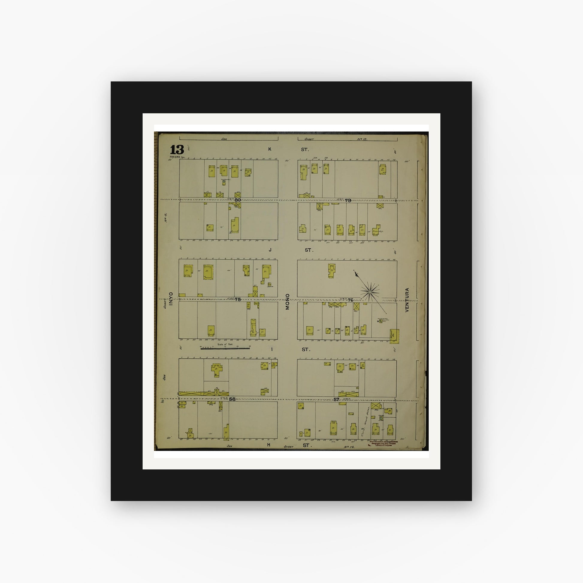 Old map wall art mockup — black gallery frame with white mat — Sanborn Fire Insurance Map from Fresno, Fresno County, California (1888), Sheet #0013