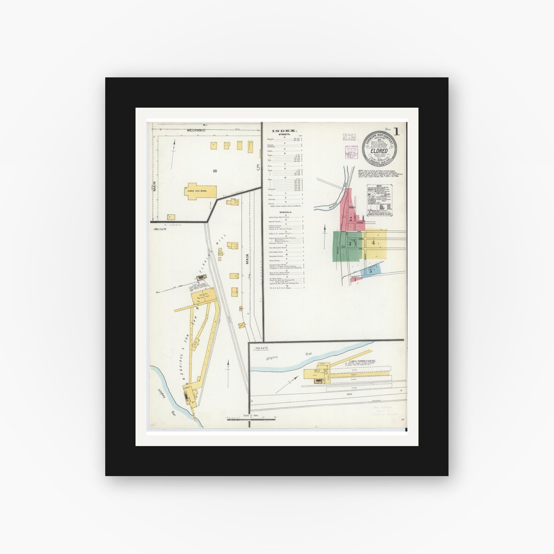 Old map wall art mockup — black gallery frame with white mat — Sanborn Fire Insurance Map from Eldred, McKean County, Pennsylvania (1904) - Complete Map Set