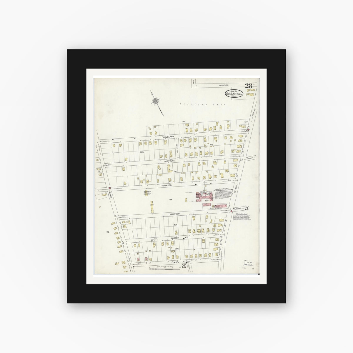 Old map wall art mockup — black gallery frame with white mat — Sanborn Fire Insurance Map from Greenfield, Franklin County, Massachusetts (1914), Sheet #0028