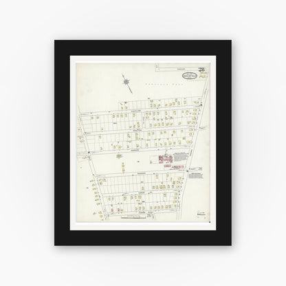 Old map wall art mockup — black gallery frame with white mat — Sanborn Fire Insurance Map from Greenfield, Franklin County, Massachusetts (1914), Sheet #0028