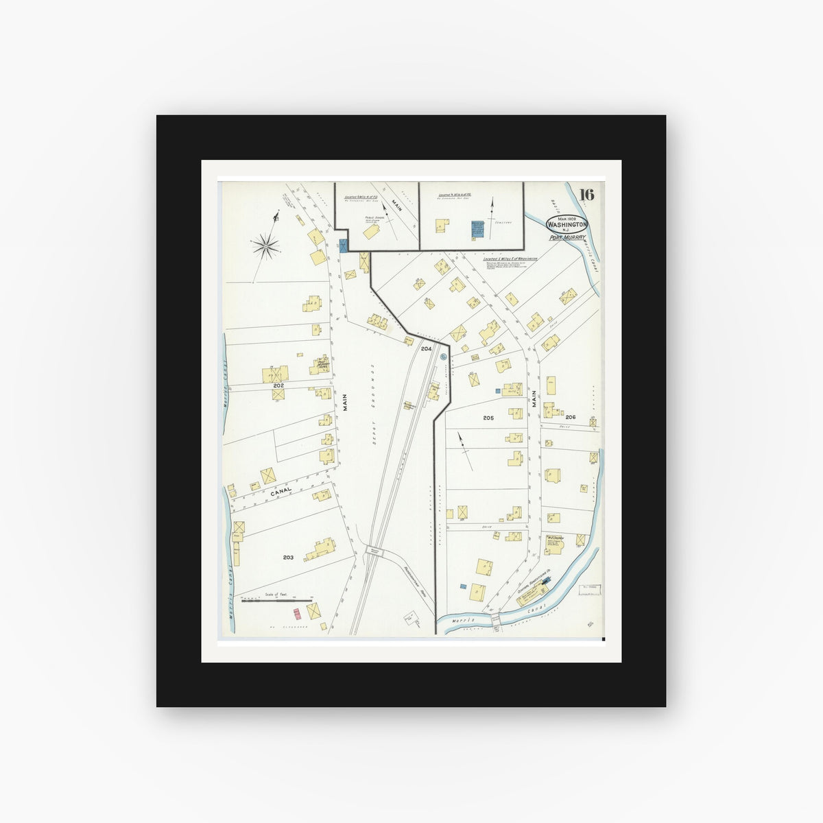 Old map wall art mockup — black gallery frame with white mat — Sanborn Fire Insurance Map from Washington, Warren County, New Jersey (1909), Sheet #0016