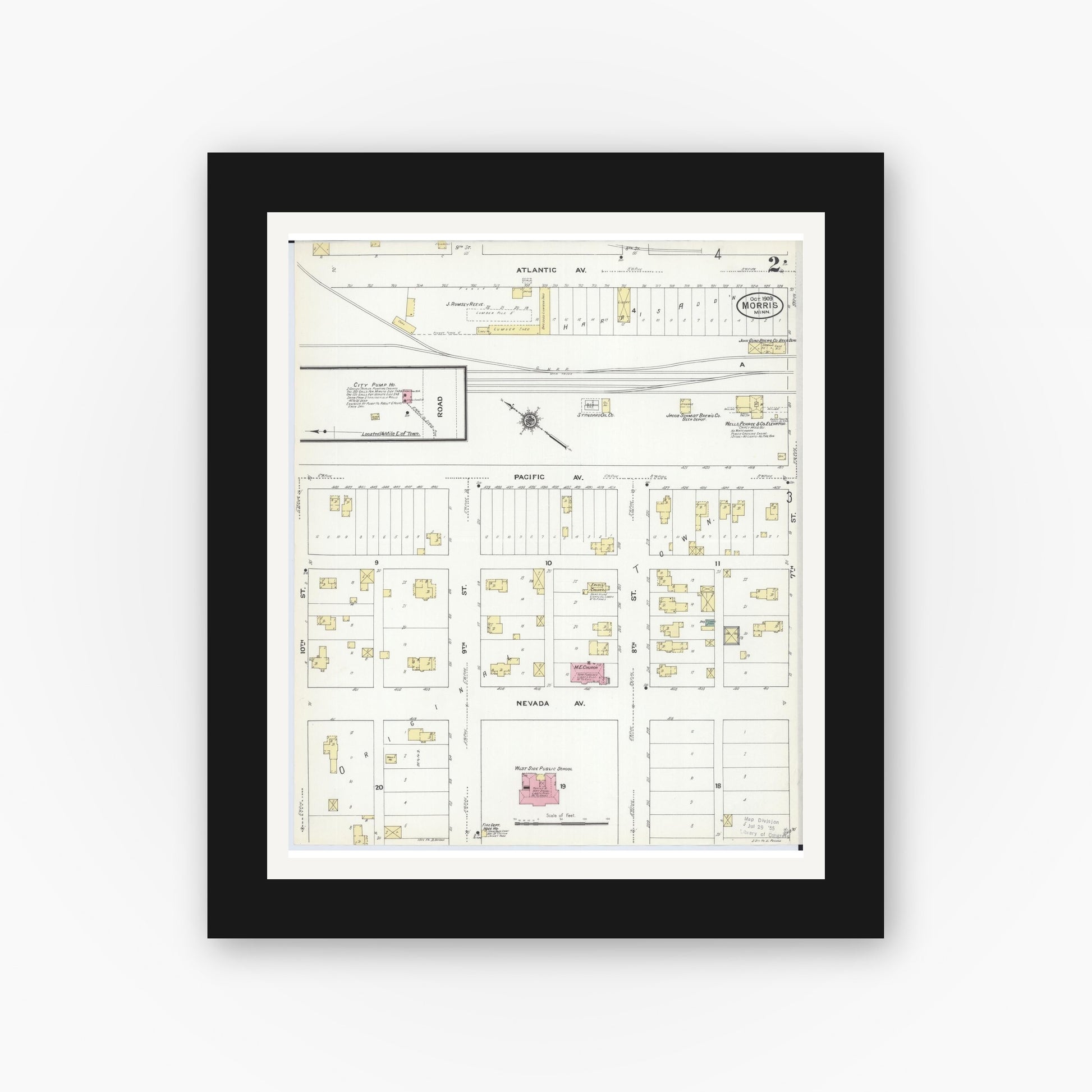 Old map wall art mockup — black gallery frame with white mat — Sanborn Fire Insurance Map from Morris, Stevens County, Minnesota (1909), Sheet #0002