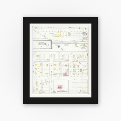Old map wall art mockup — black gallery frame with white mat — Sanborn Fire Insurance Map from Morris, Stevens County, Minnesota (1909), Sheet #0002