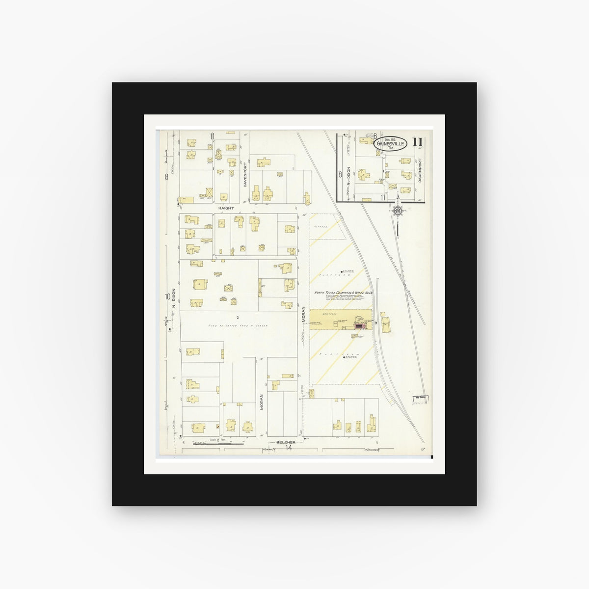 Old map wall art mockup — black gallery frame with white mat — Sanborn Fire Insurance Map from Gainesville, Cooke County, Texas (1913), Sheet #0011