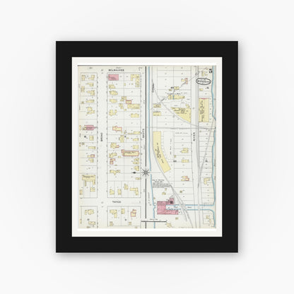 Old map wall art mockup — black gallery frame with white mat — Sanborn Fire Insurance Map from Menasha, Winnebago County, Wisconsin (1891), Sheet #0005
