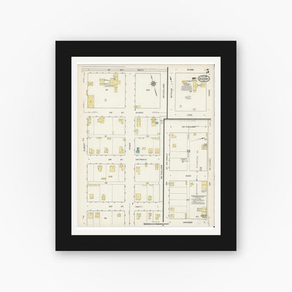 Old map wall art mockup — black gallery frame with white mat — Sanborn Fire Insurance Map from Quanah, Hardeman County, Texas (1915), Sheet #0005