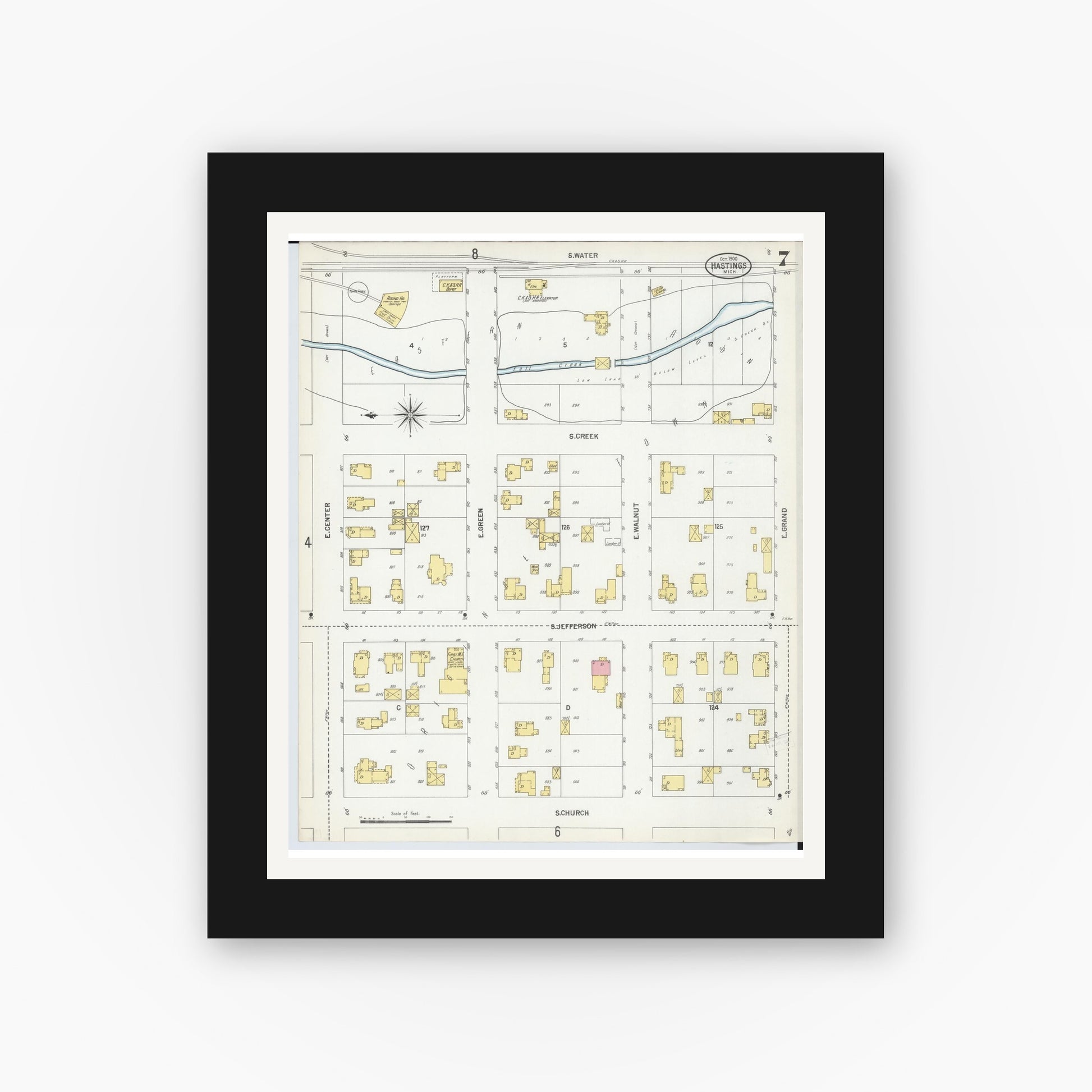 Old map wall art mockup — black gallery frame with white mat — Sanborn Fire Insurance Map from Hastings, Barry County, Michigan (1900), Sheet #0007