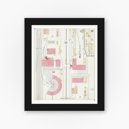 Old map wall art mockup — black gallery frame with white mat — Sanborn Fire Insurance Map from Moberly, Randolph County, Missouri (1899), Sheet #0013