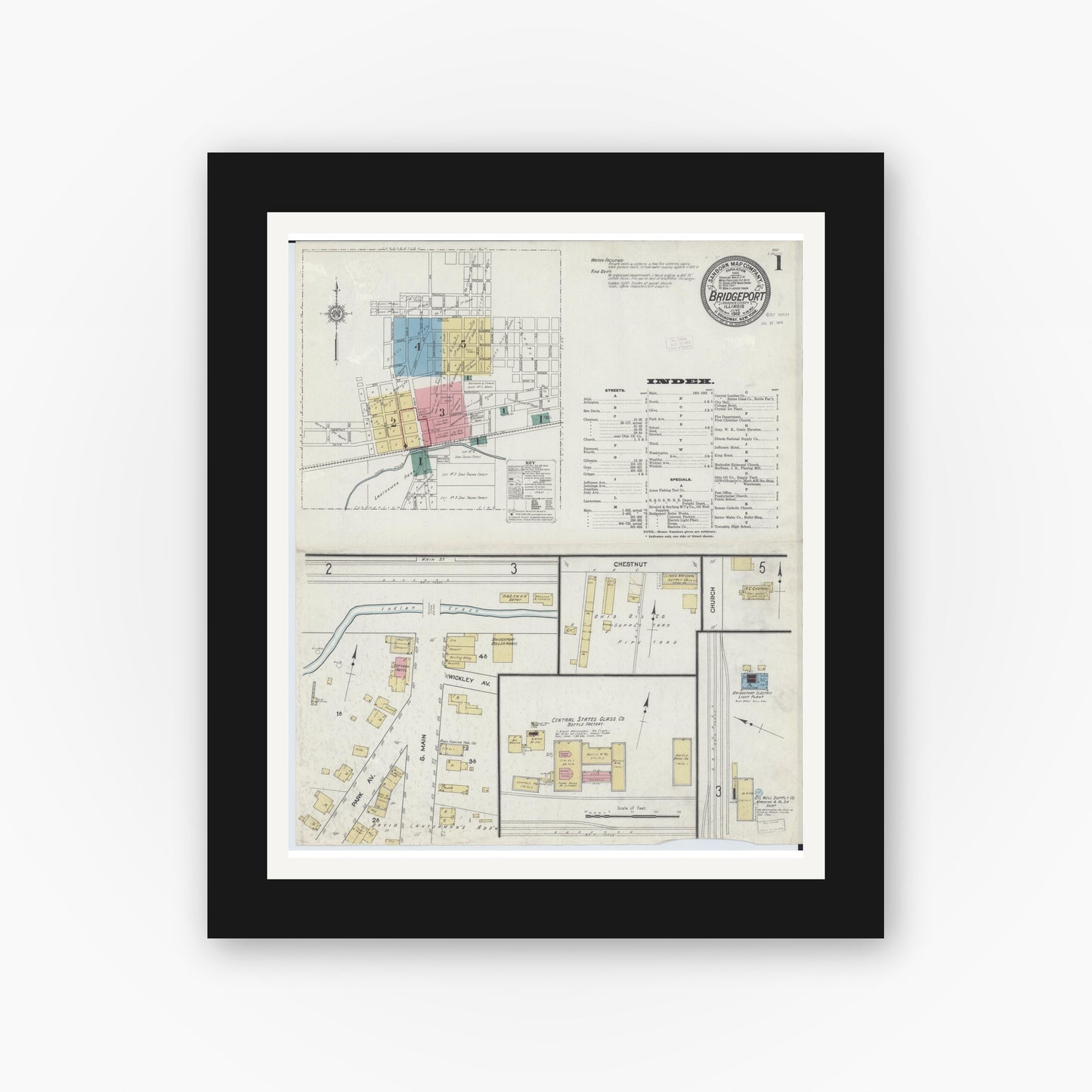 Old map wall art mockup — black gallery frame with white mat — Sanborn Fire Insurance Map from Bridgeport, Lawrence County, Illinois (1912) - Complete Map Set