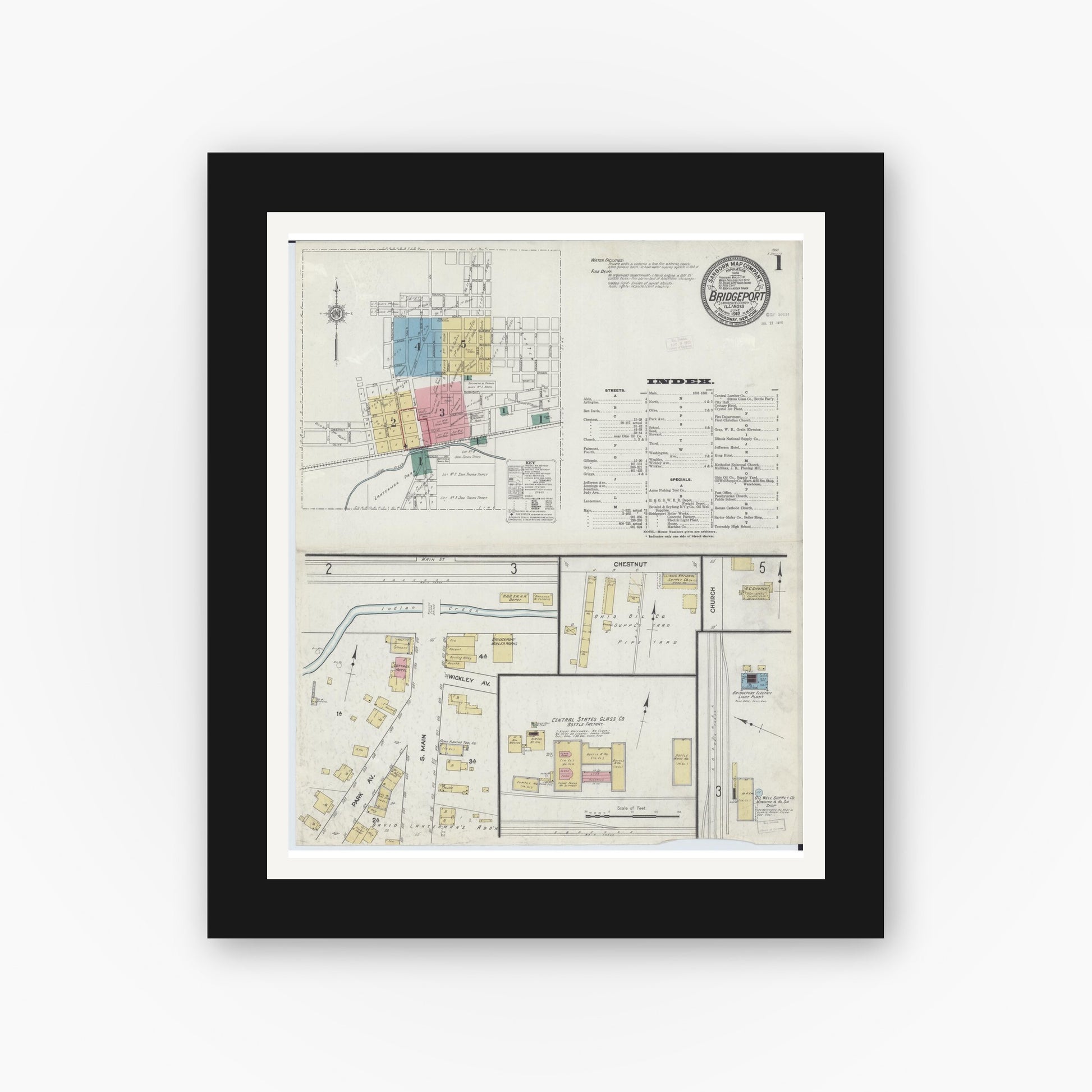 Old map wall art mockup — black gallery frame with white mat — Sanborn Fire Insurance Map from Bridgeport, Lawrence County, Illinois (1912) - Complete Map Set