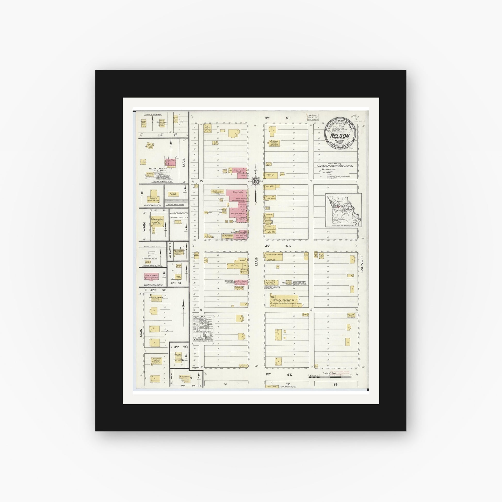 Old map wall art mockup — black gallery frame with white mat — Sanborn Fire Insurance Map from Nelson, Saline County, Missouri (1916), Sheet #0001