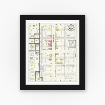 Old map wall art mockup — black gallery frame with white mat — Sanborn Fire Insurance Map from Nelson, Saline County, Missouri (1916), Sheet #0001