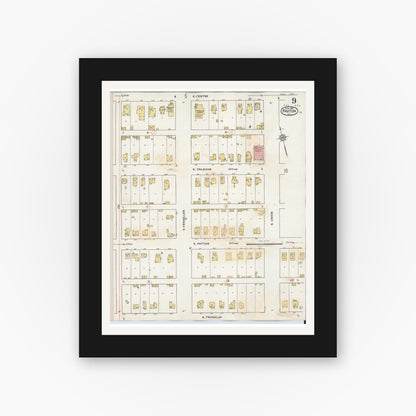 Old map wall art mockup — black gallery frame with white mat — Sanborn Fire Insurance Map from Paxton, Ford County, Illinois (1932), Sheet #0009