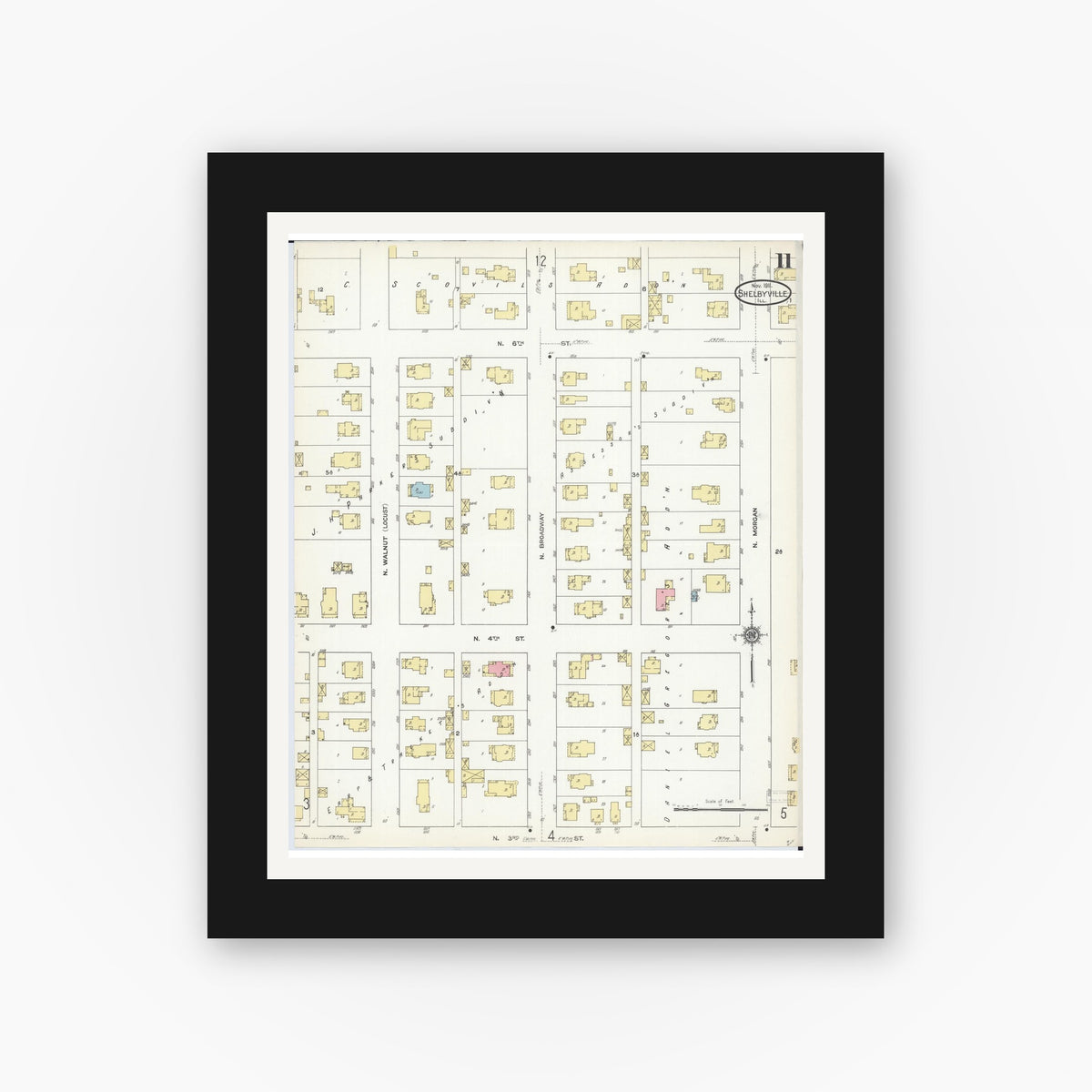 Old map wall art mockup — black gallery frame with white mat — Sanborn Fire Insurance Map from Shelbyville, Shelby County, Illinois (1911), Sheet #0011