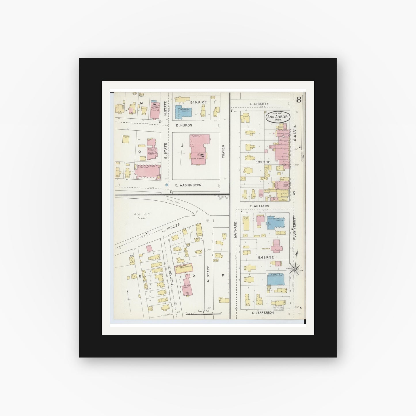 Old map wall art mockup — black gallery frame with white mat — Sanborn Fire Insurance Map from Ann Arbor, Washtenaw County, Michigan (1892), Sheet #0008