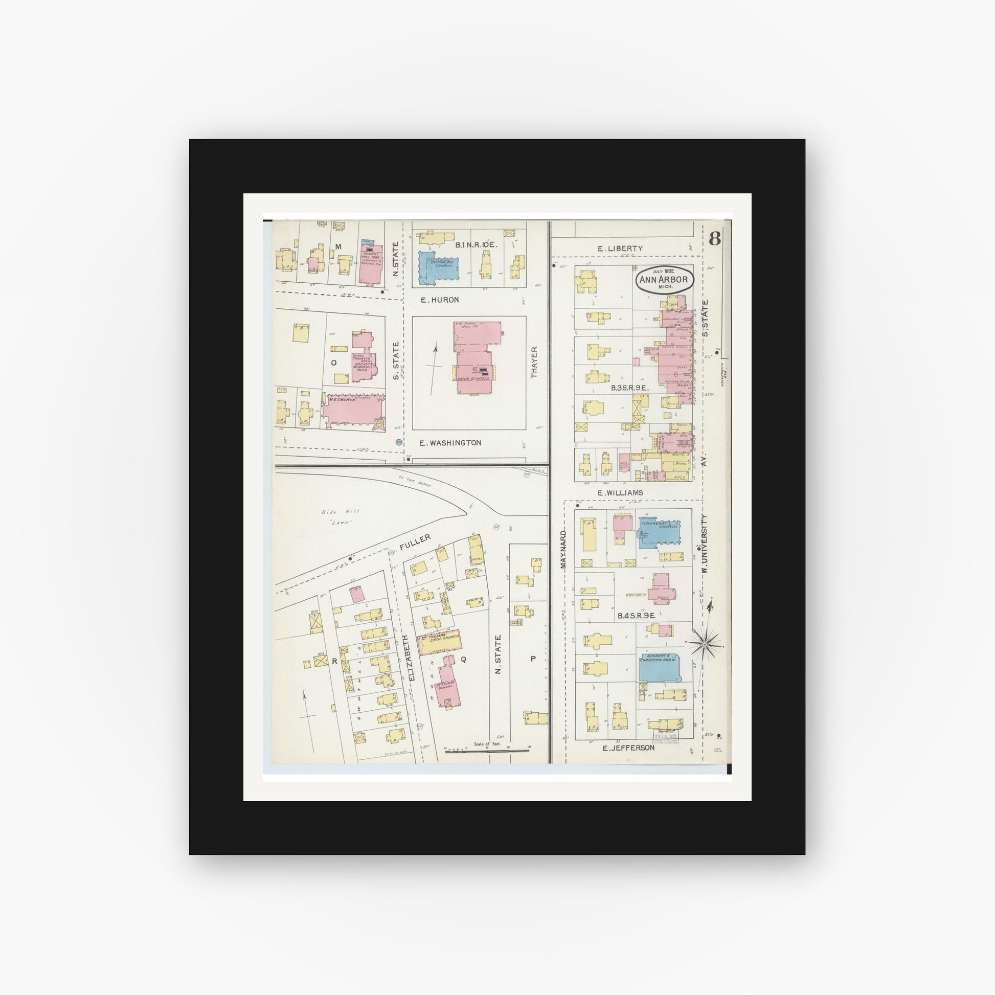 Old map wall art mockup — black gallery frame with white mat — Sanborn Fire Insurance Map from Ann Arbor, Washtenaw County, Michigan (1892), Sheet #0008