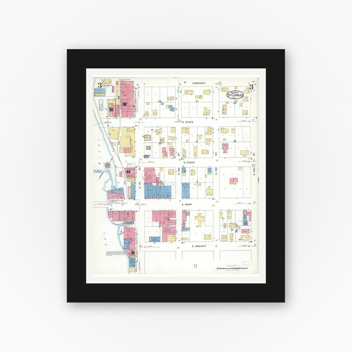 Old map wall art mockup — black gallery frame with white mat — Sanborn Fire Insurance Map from Saint Charles, Kane County, Illinois (1923), Sheet #0003