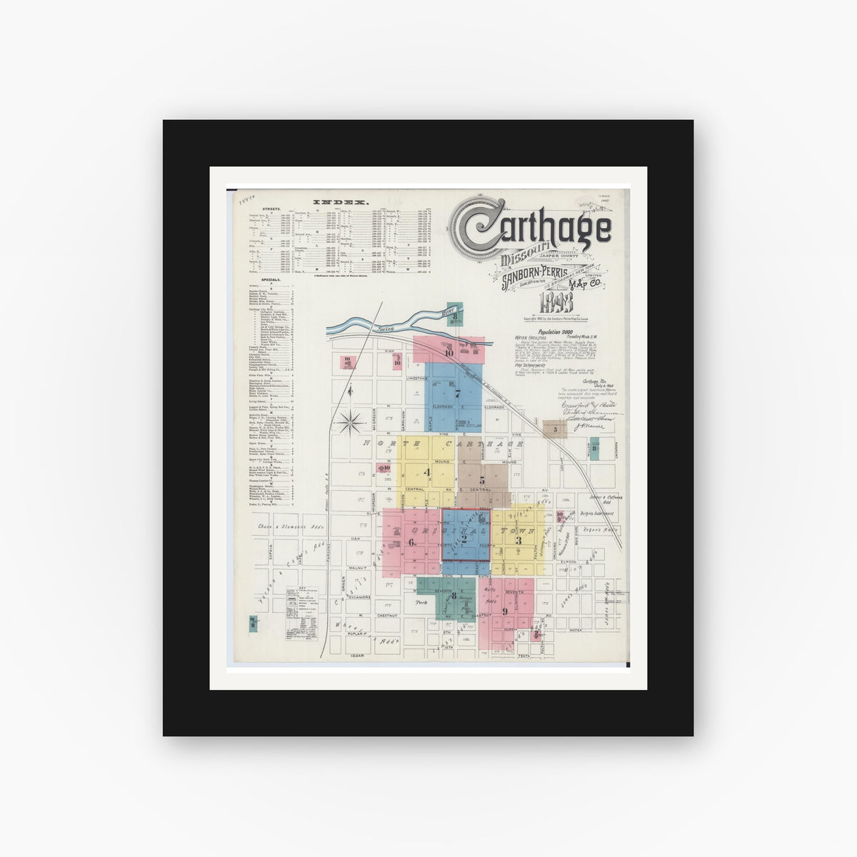 Old map wall art mockup — black gallery frame with white mat — Sanborn Fire Insurance Map from Carthage, Jasper County, Missouri (1893) - Complete Map Set