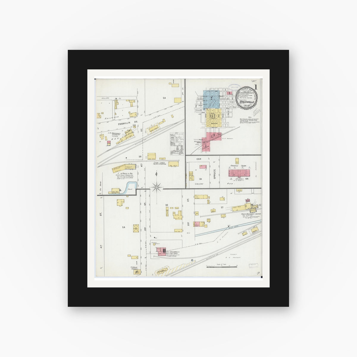Old map wall art mockup — black gallery frame with white mat — Sanborn Fire Insurance Map from Greenville, Bond County, Illinois (1898) - Complete Map Set