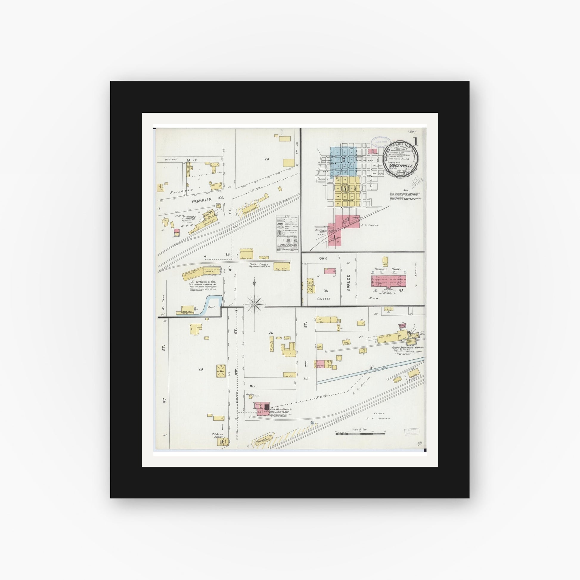 Old map wall art mockup — black gallery frame with white mat — Sanborn Fire Insurance Map from Greenville, Bond County, Illinois (1898) - Complete Map Set