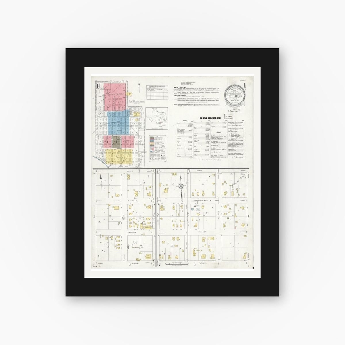 Old map wall art mockup — black gallery frame with white mat — Sanborn Fire Insurance Map from Refugio, Refugio County, Texas (1935) - Complete Map Set