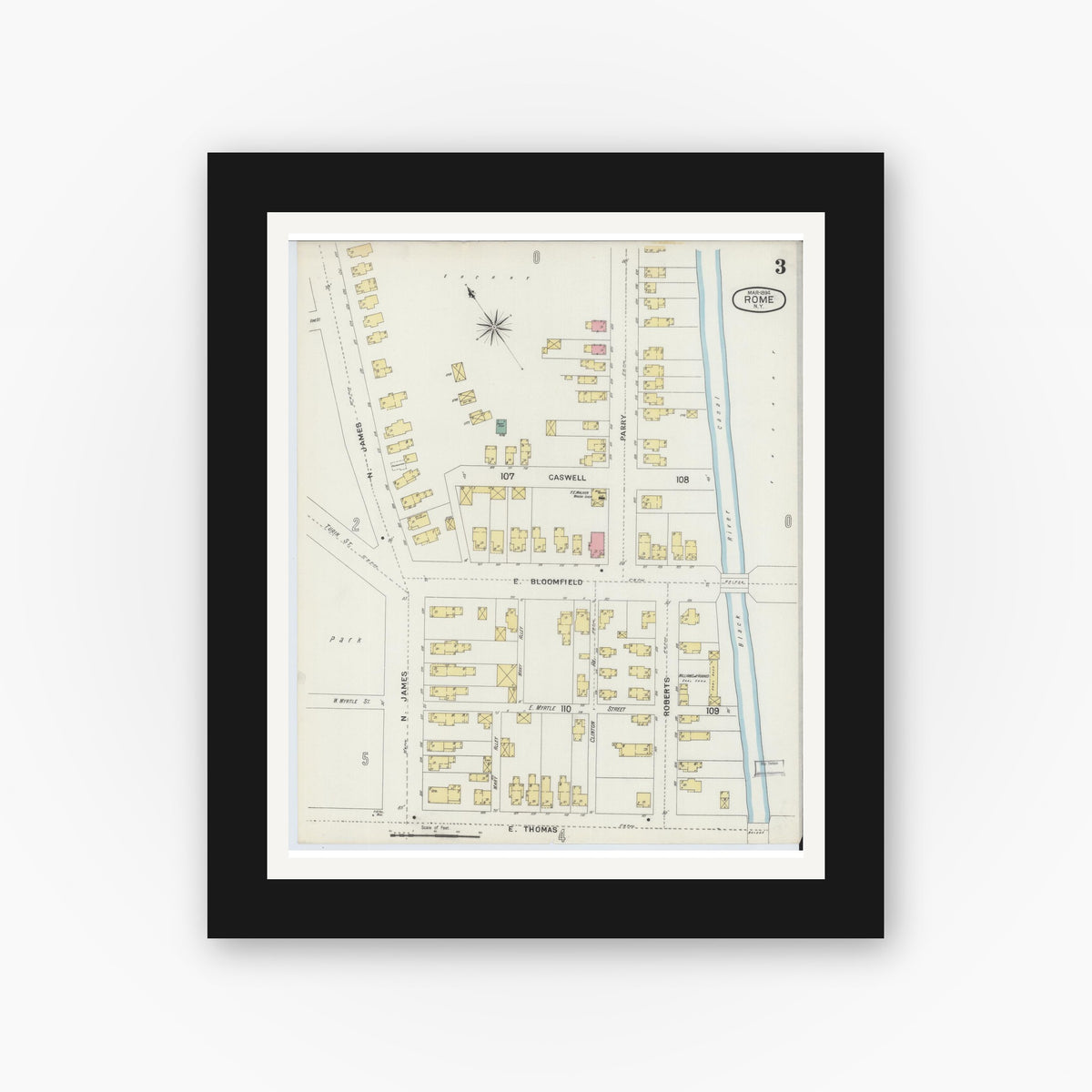 Old map wall art mockup — black gallery frame with white mat — Sanborn Fire Insurance Map from Rome, Oneida County, New York (1894), Sheet #0003