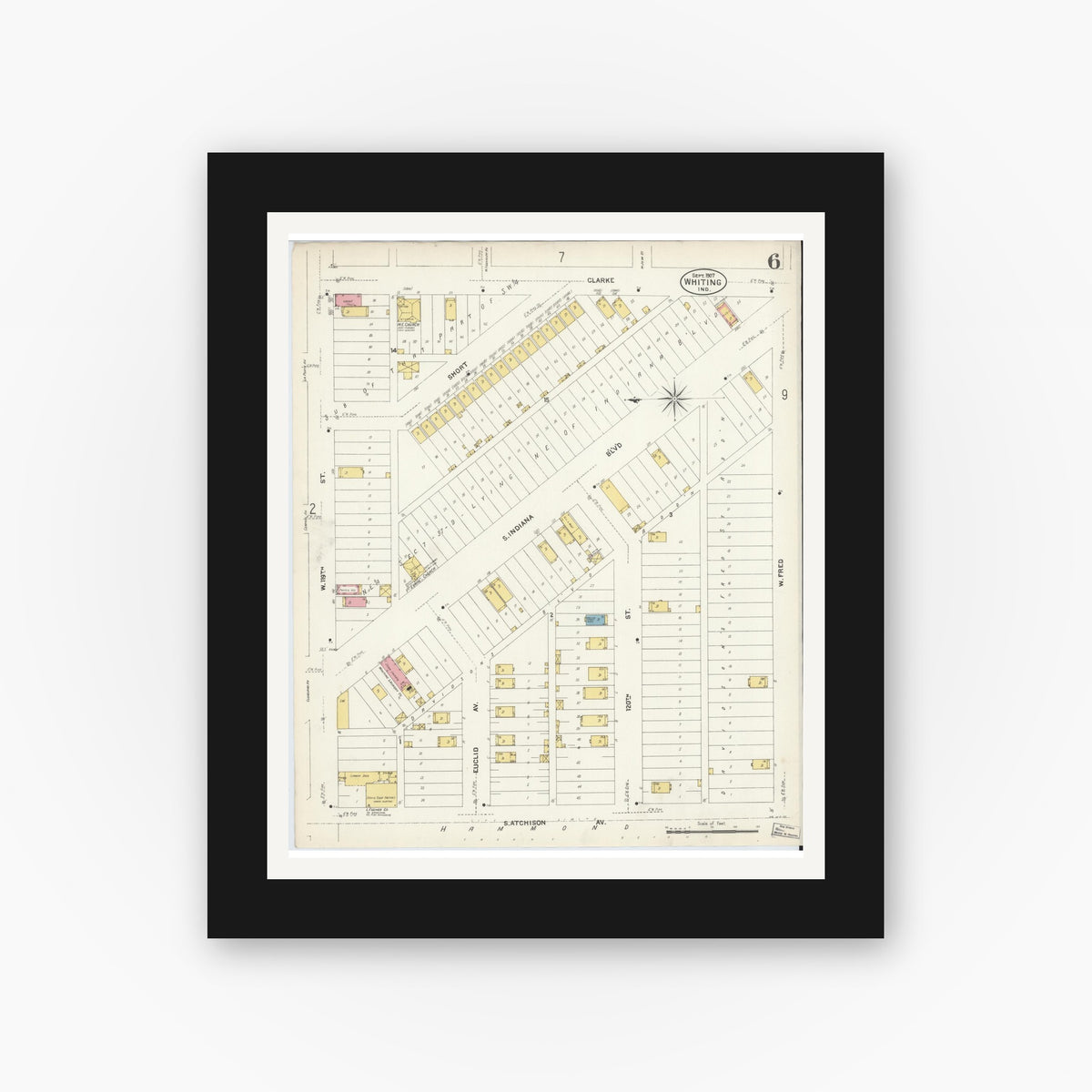Old map wall art mockup — black gallery frame with white mat — Sanborn Fire Insurance Map from Whiting, Lake County, Indiana (1907), Sheet #0006