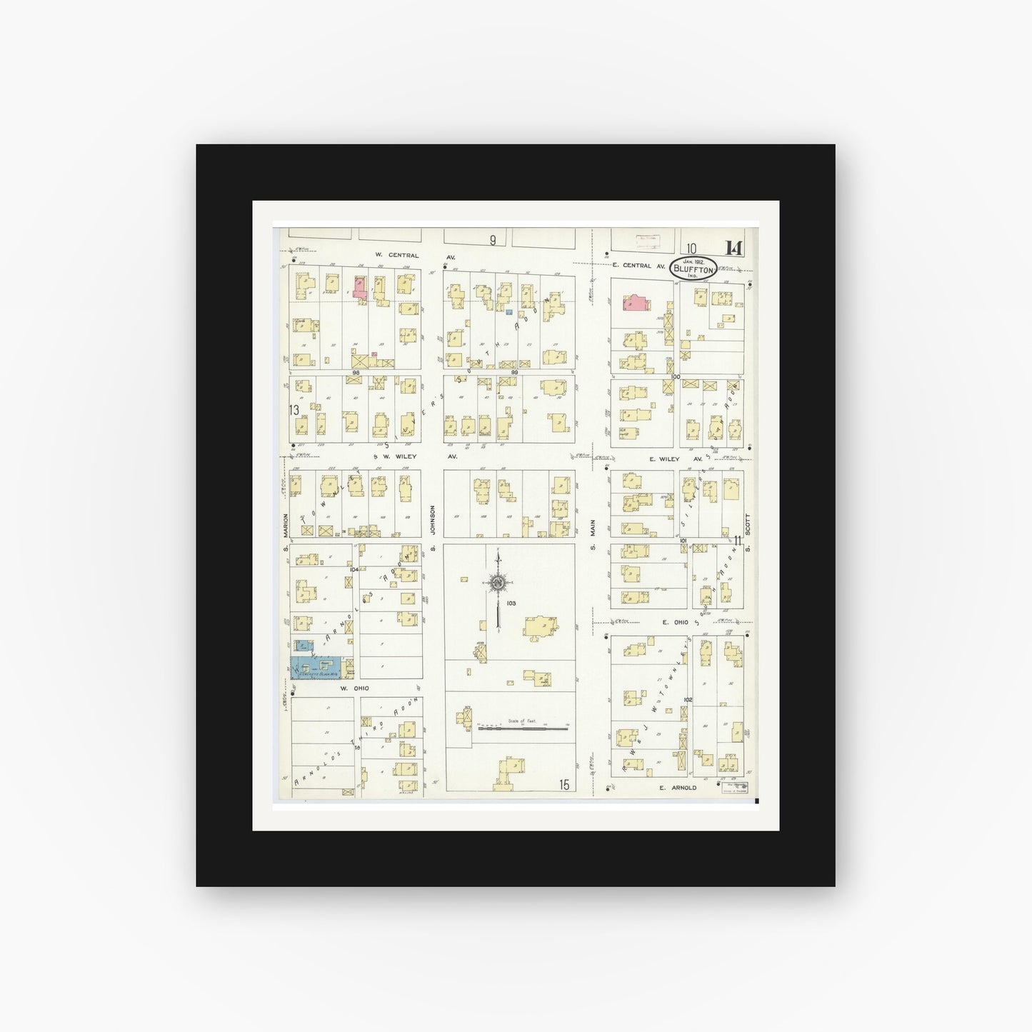 Old map wall art mockup — black gallery frame with white mat — Sanborn Fire Insurance Map from Bluffton, Wells County, Indiana (1912), Sheet #0014