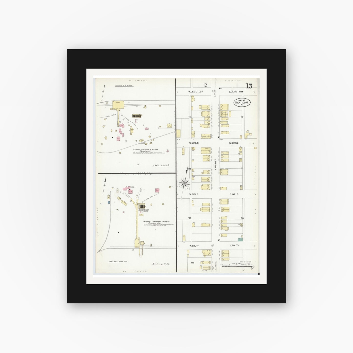Old map wall art mockup — black gallery frame with white mat — Sanborn Fire Insurance Map from Nanticoke, Luzerne County, Pennsylvania (1907), Sheet #0015