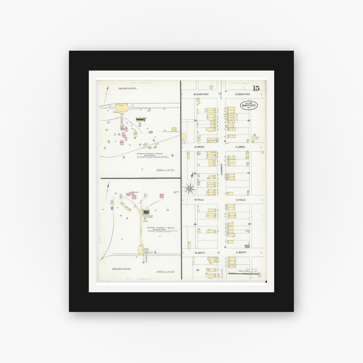 Old map wall art mockup — black gallery frame with white mat — Sanborn Fire Insurance Map from Nanticoke, Luzerne County, Pennsylvania (1907), Sheet #0015