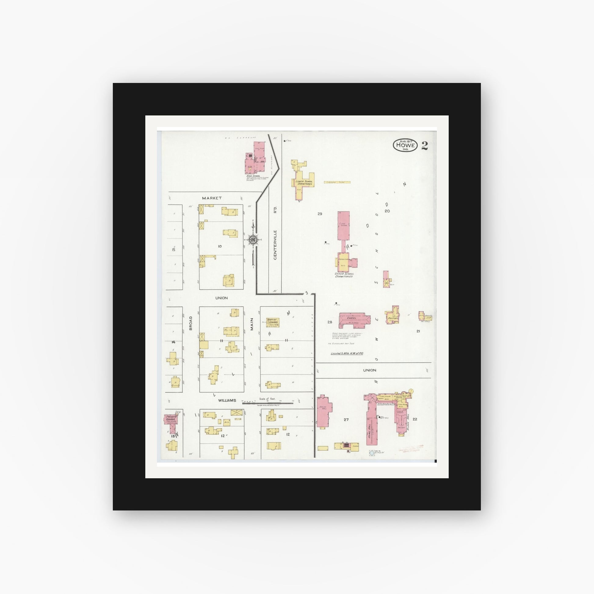 Old map wall art mockup — black gallery frame with white mat — Sanborn Fire Insurance Map from Howe, LaGrange County, Indiana (1917), Sheet #0002