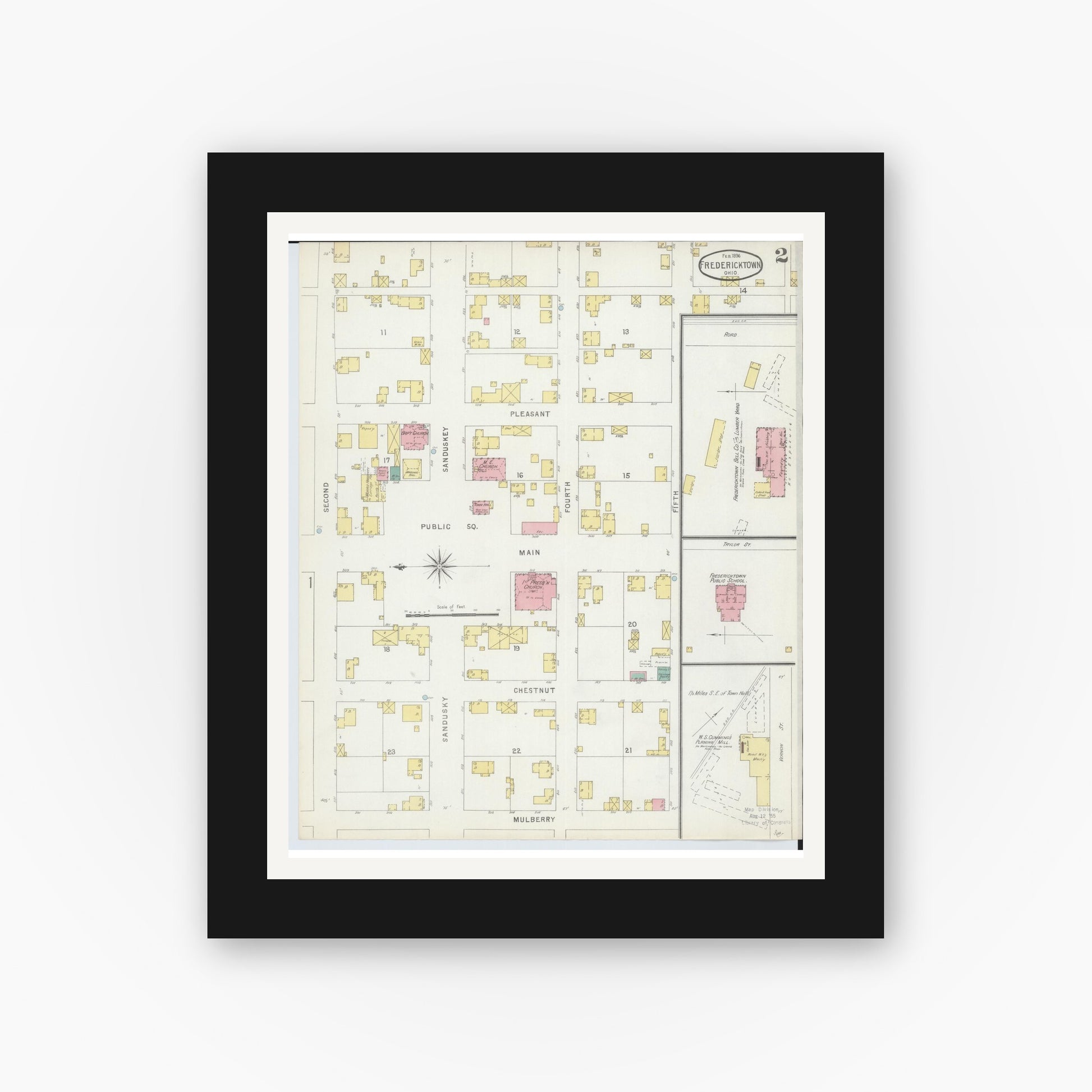 Old map wall art mockup — black gallery frame with white mat — Sanborn Fire Insurance Map from Fredericktown, Knox County, Ohio (1896), Sheet #0002