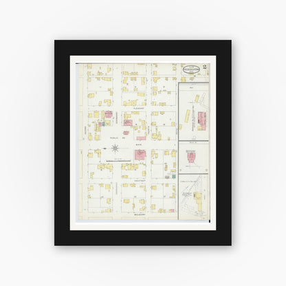 Old map wall art mockup — black gallery frame with white mat — Sanborn Fire Insurance Map from Fredericktown, Knox County, Ohio (1896), Sheet #0002
