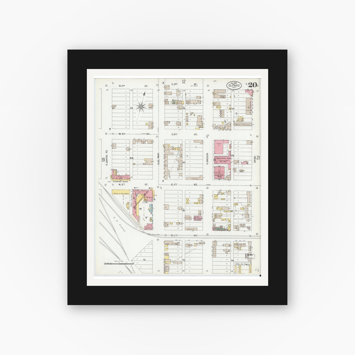 Old map wall art mockup — black gallery frame with white mat — Sanborn Fire Insurance Map from El Paso, El Paso County, Texas (1900), Sheet #0020