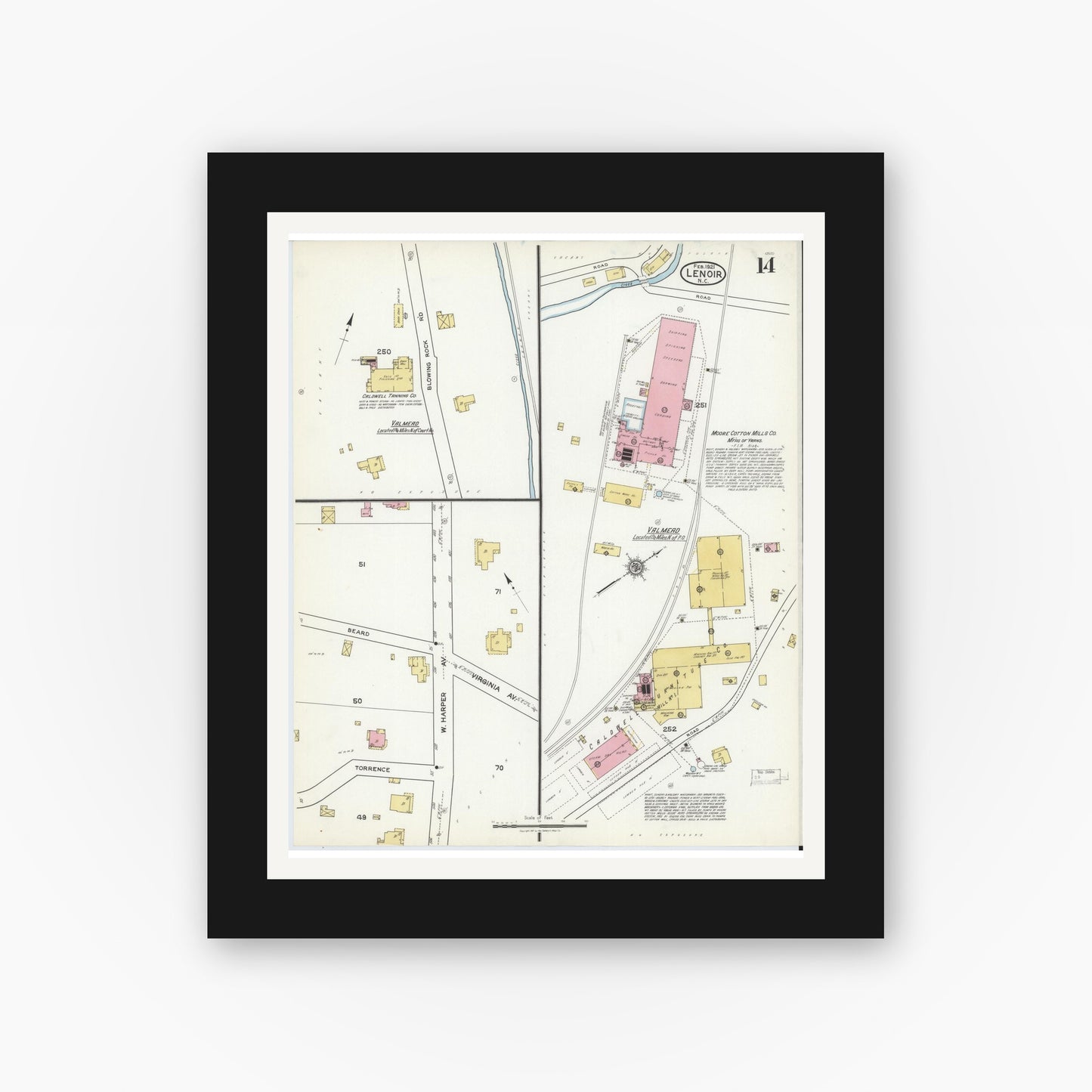 Old map wall art mockup — black gallery frame with white mat — Sanborn Fire Insurance Map from Lenoir, Caldwell County, North Carolina (1921), Sheet #0014
