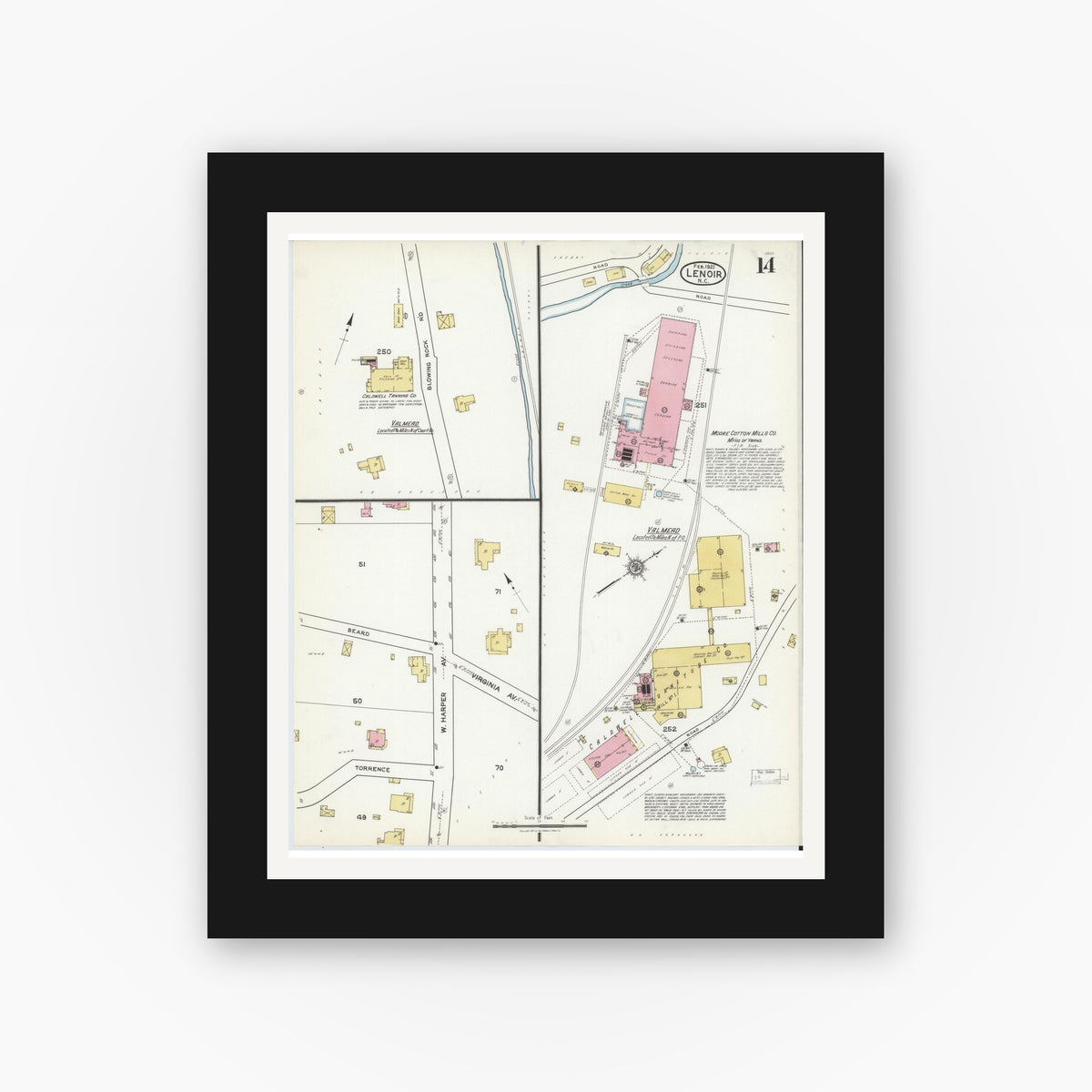 Old map wall art mockup — black gallery frame with white mat — Sanborn Fire Insurance Map from Lenoir, Caldwell County, North Carolina (1921), Sheet #0014