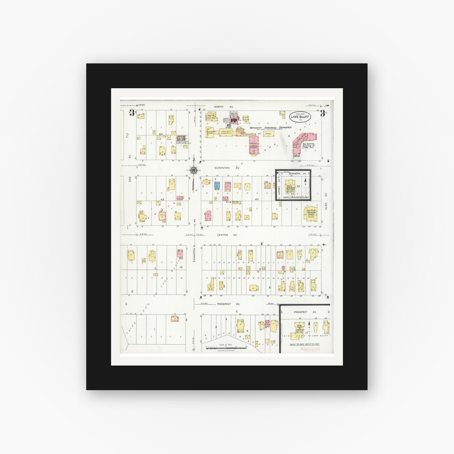 Old map wall art mockup — black gallery frame with white mat — Sanborn Fire Insurance Map from Lake Bluff, Lake County, Illinois (1928), Sheet #0003