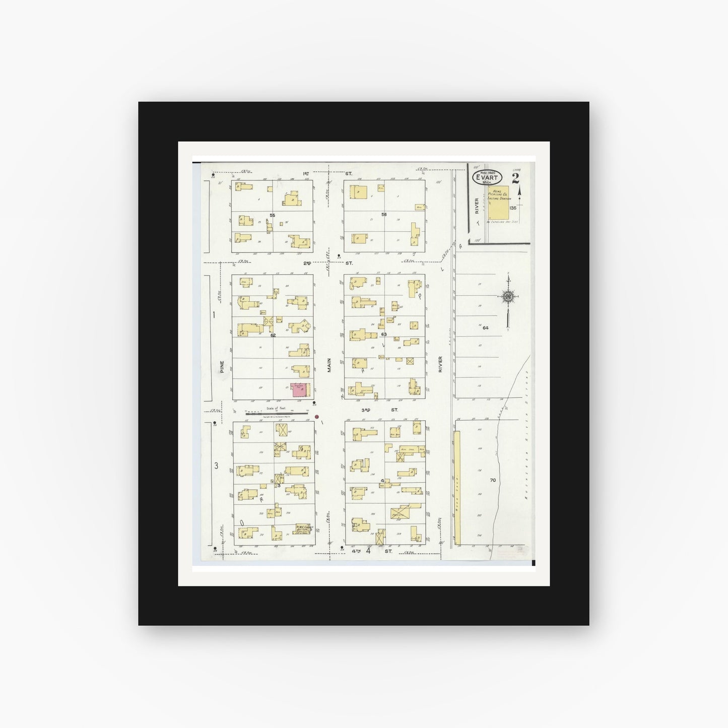 Old map wall art mockup — black gallery frame with white mat — Sanborn Fire Insurance Map from Evart, Osceola County, Michigan (1920), Sheet #0002