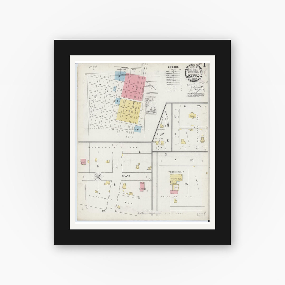 Old map wall art mockup — black gallery frame with white mat — Sanborn Fire Insurance Map from Macon, Macon County, Illinois (1893) - Complete Map Set