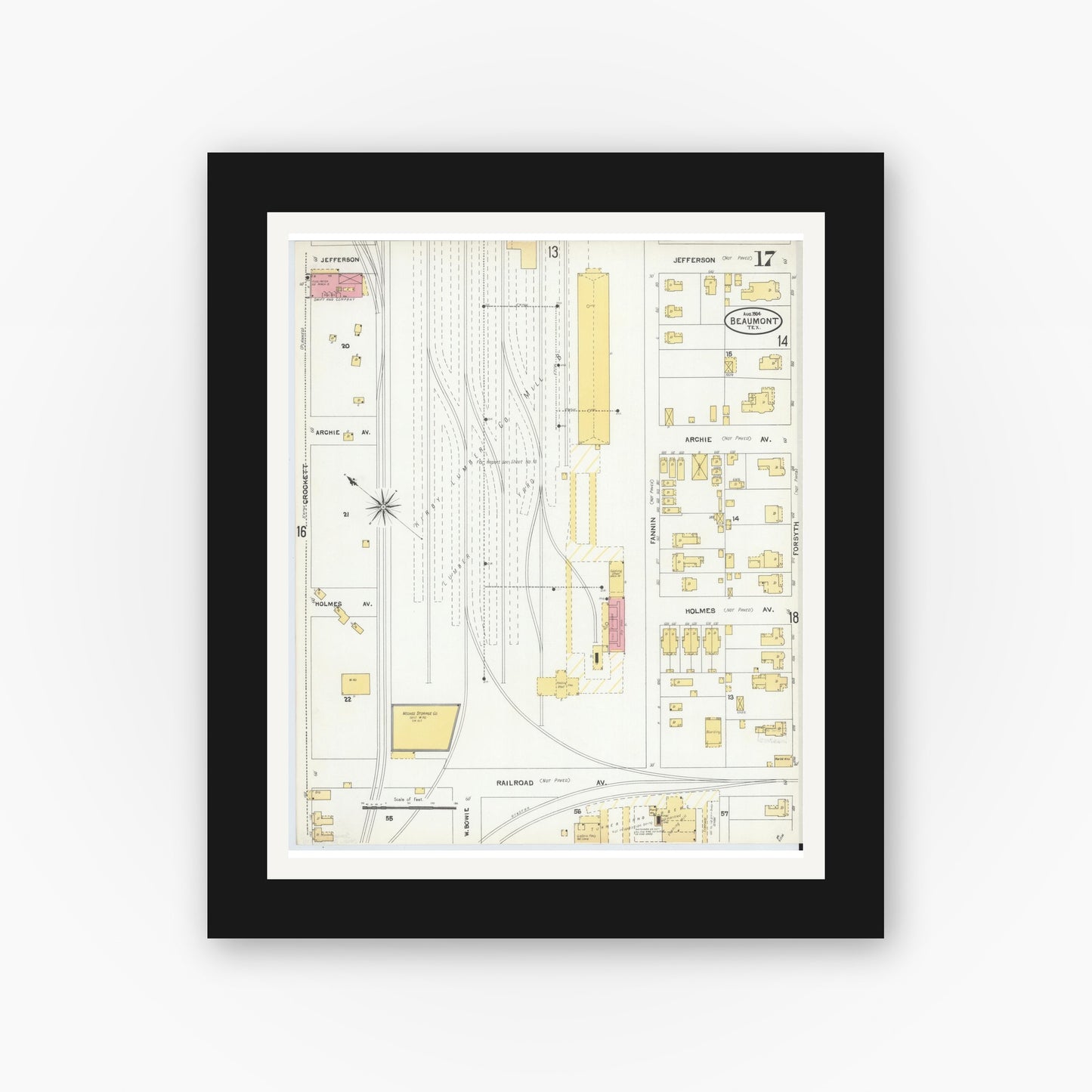 Old map wall art mockup — black gallery frame with white mat — Sanborn Fire Insurance Map from Beaumont, Jefferson County, Texas (1904), Sheet #0017