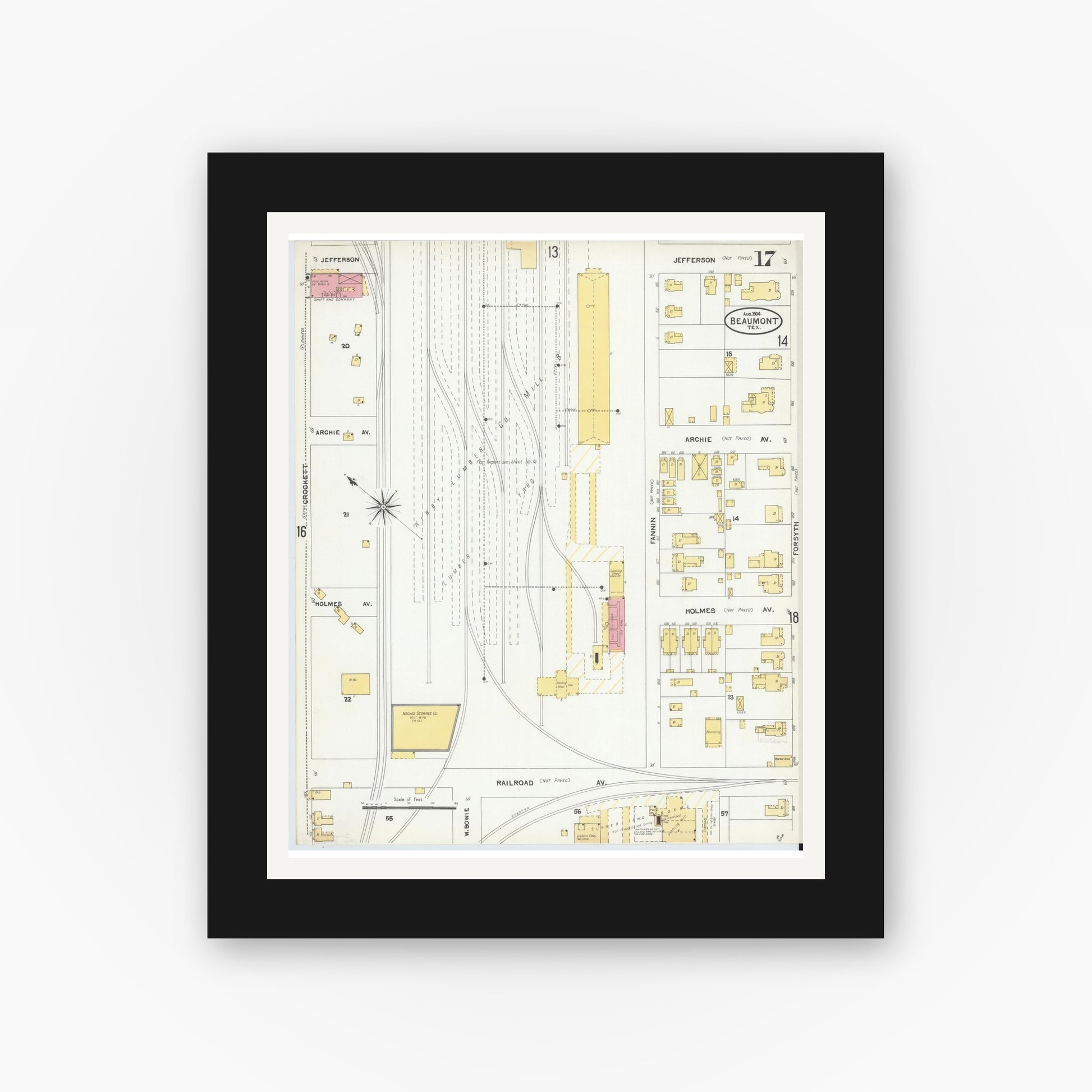 Old map wall art mockup — black gallery frame with white mat — Sanborn Fire Insurance Map from Beaumont, Jefferson County, Texas (1904), Sheet #0017