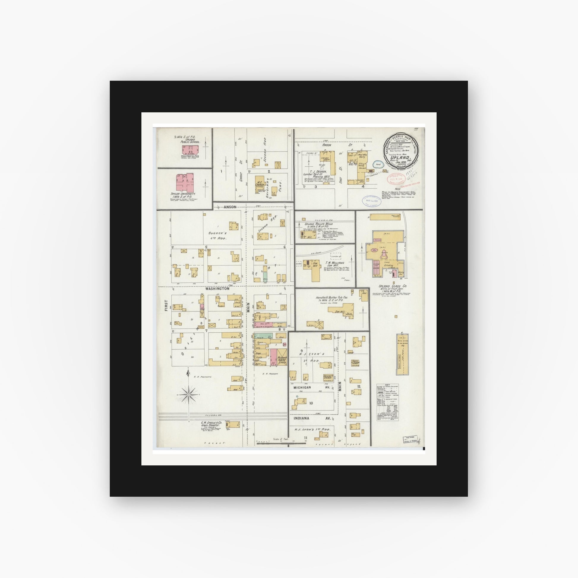 Old map wall art mockup — black gallery frame with white mat — Sanborn Fire Insurance Map from Upland, Grant County, Indiana (1898), Sheet #0001