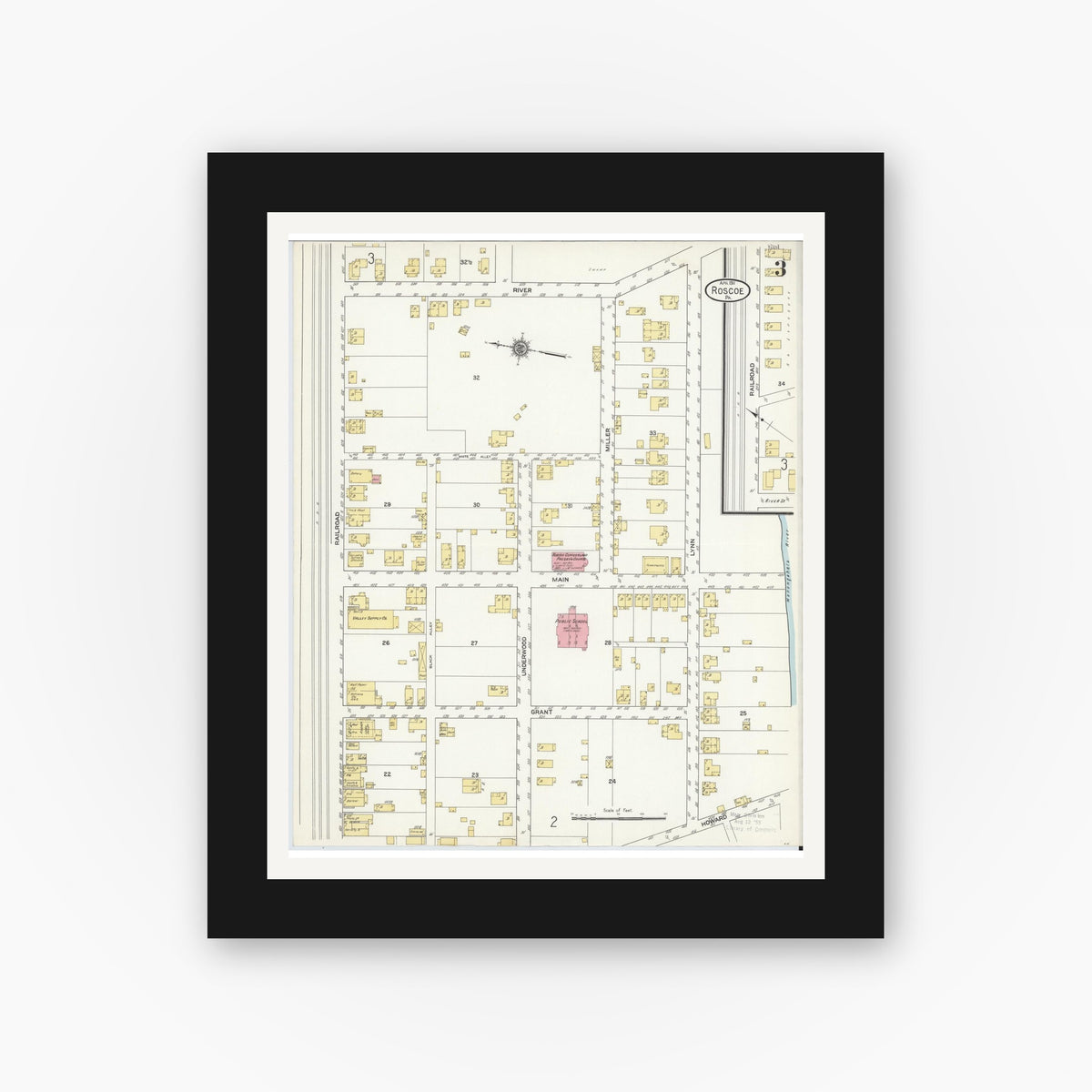 Old map wall art mockup — black gallery frame with white mat — Sanborn Fire Insurance Map from Roscoe, Washington County, Pennsylvania (1911), Sheet #0003